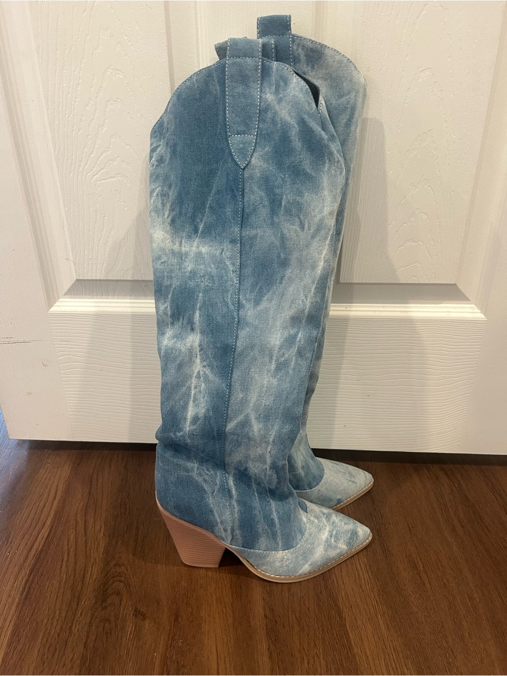 Womens Blue Tie-Dye Denim Knee High Western Boots Pointed Toe Pull On Size 40 9